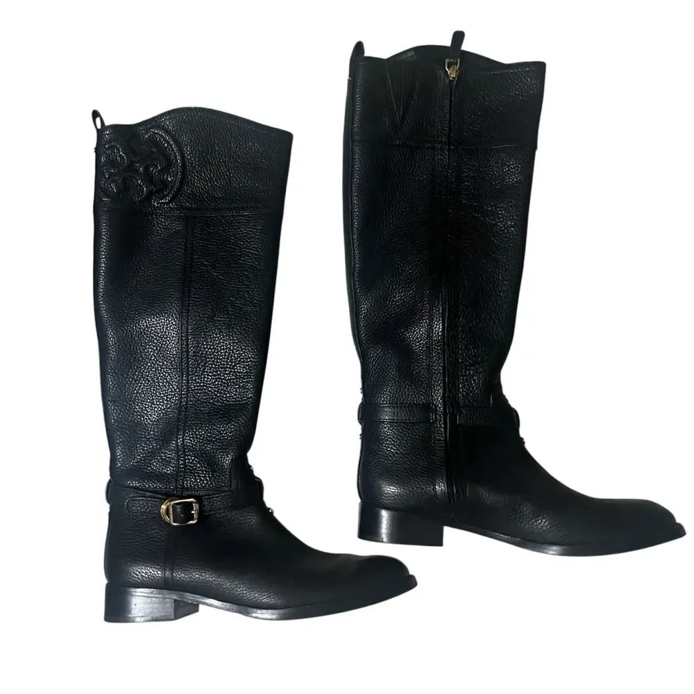 Tory Burch Boot Riding Black Pebbled Leather Logo Tall Buckle Knee Marlene 7.5